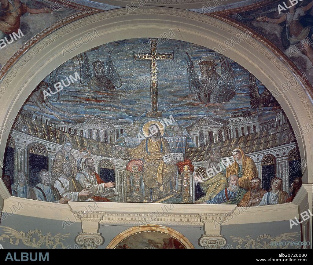 MOSAICO DEL ABSIDE, 410 - SIMBOLIZA LA VOCACION UNIVERSAL DEL CRISTIANISMO TRAS EL CONCILIO DE JERUSALEN,CRISTO ENTRONIZADO CON LOS APOSTOLES.