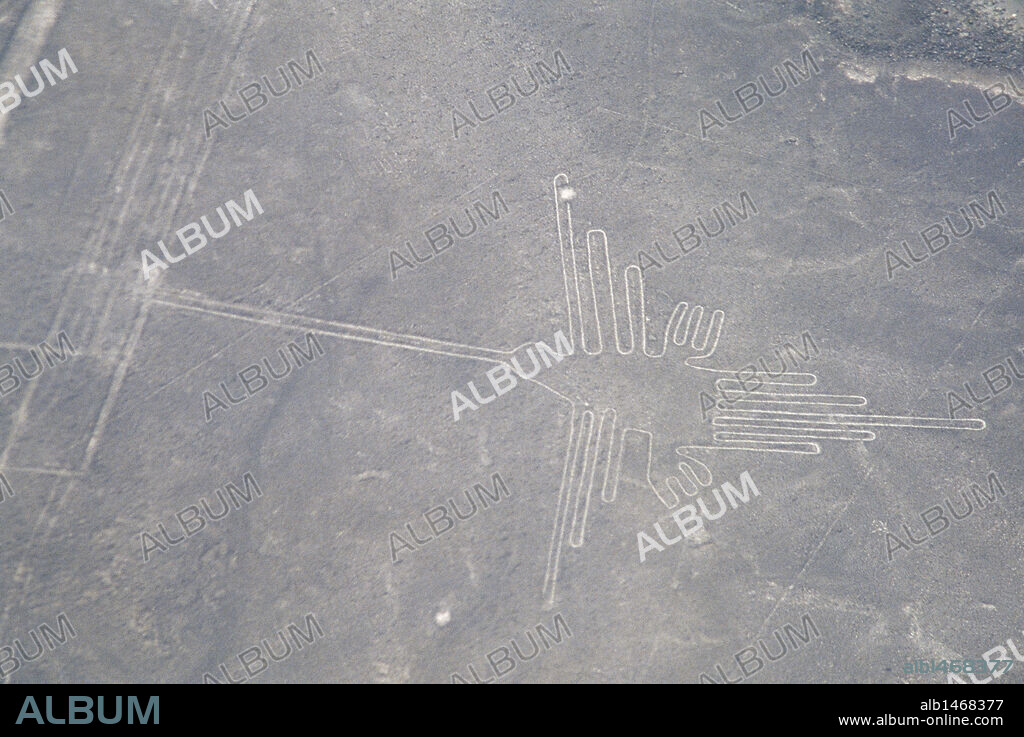 ARTE PRECOLOMBINO. PREINCAICO. CULTURA NAZCA (200-900 d. C.). "LAS LINEAS". Vista aérea de una de las catorce figuras principales existentes, denominada "EL COLIBRI". Estos geoglifos están trazados en las amplias llanuras desérticas que se extienden al norte de la ciudad de NAZCA, siendo su origen y utilidad desconocidos. PERU.