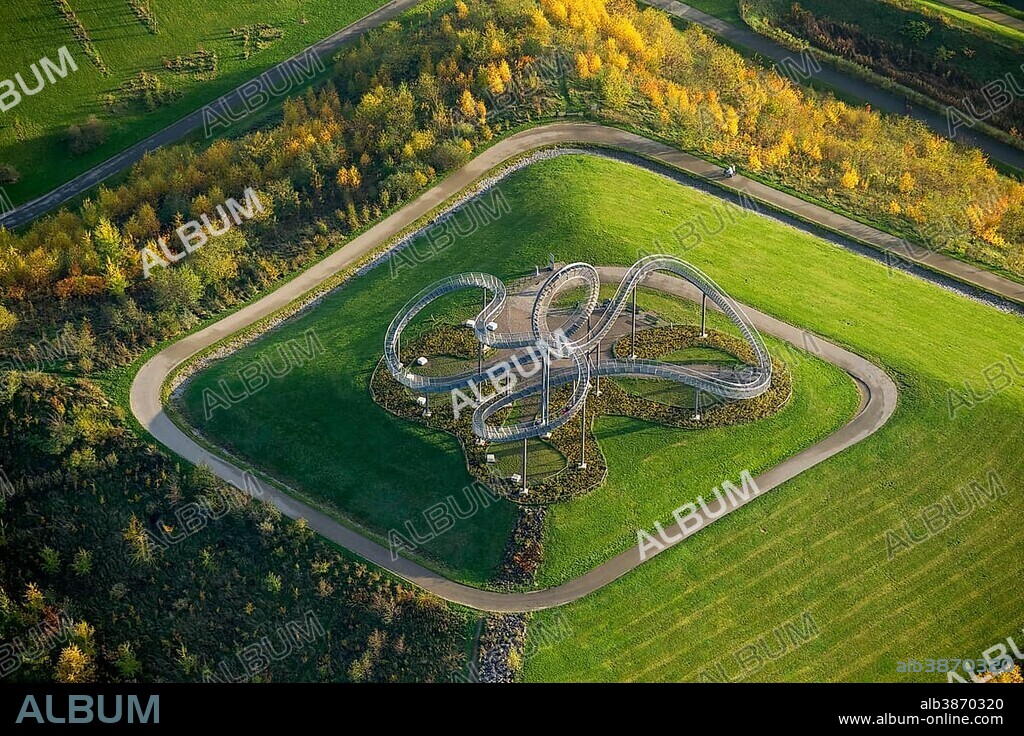 Tiger and Turtle Magic Mountain, Landmarke Angerpark park, aerial view, artists Heike Mutter und Ulrich Genth, Duisburg, Ruhr area, North Rhine-Westphalia, Germany, Europe.