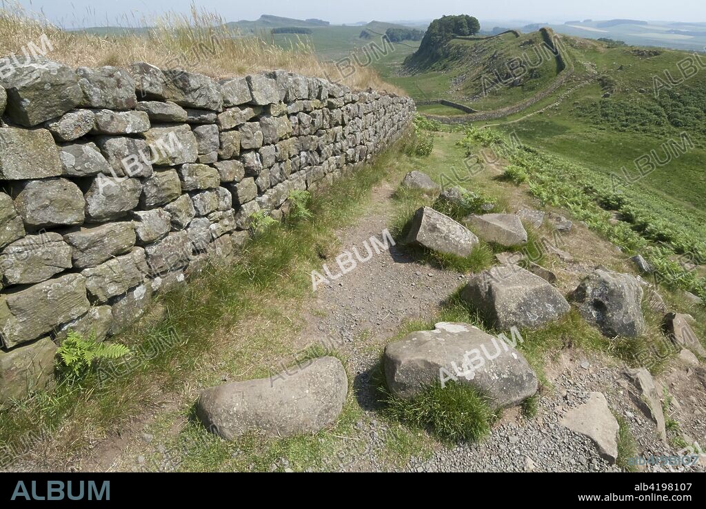Hadrian?s, or the Roman Wall, the Roman fortification that originally stretched across the north of England from east to west, built in Emperor Hadrian?s reign in the second century AD and designed either to keep the Scottish Picts out, or the Roman citizens in, Northumberland, England.