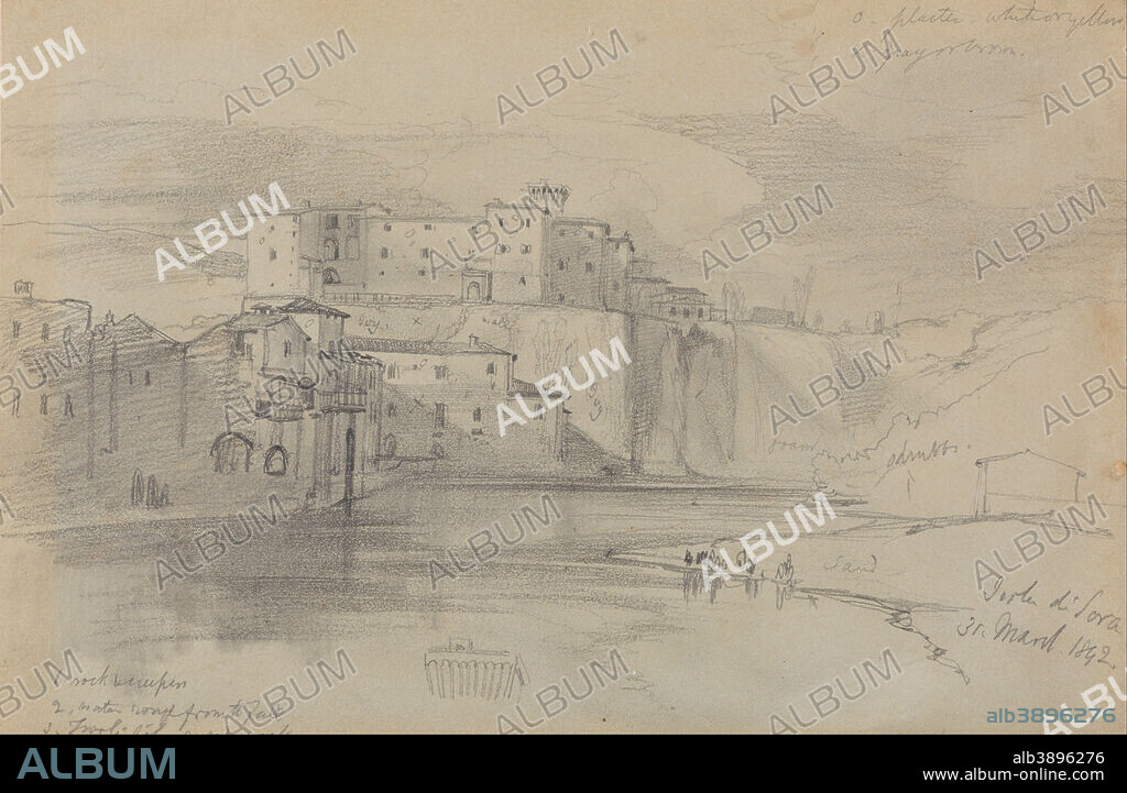 EDWARD LEAR. Isola di Sora, 31 Mar. 1842. Date/Period: 1842. Drawing. Graphite with stumping on moderately thick, moderately textured, gray wove paper. Height: 168 mm (6.61 in); Width: 257 mm (10.11 in).