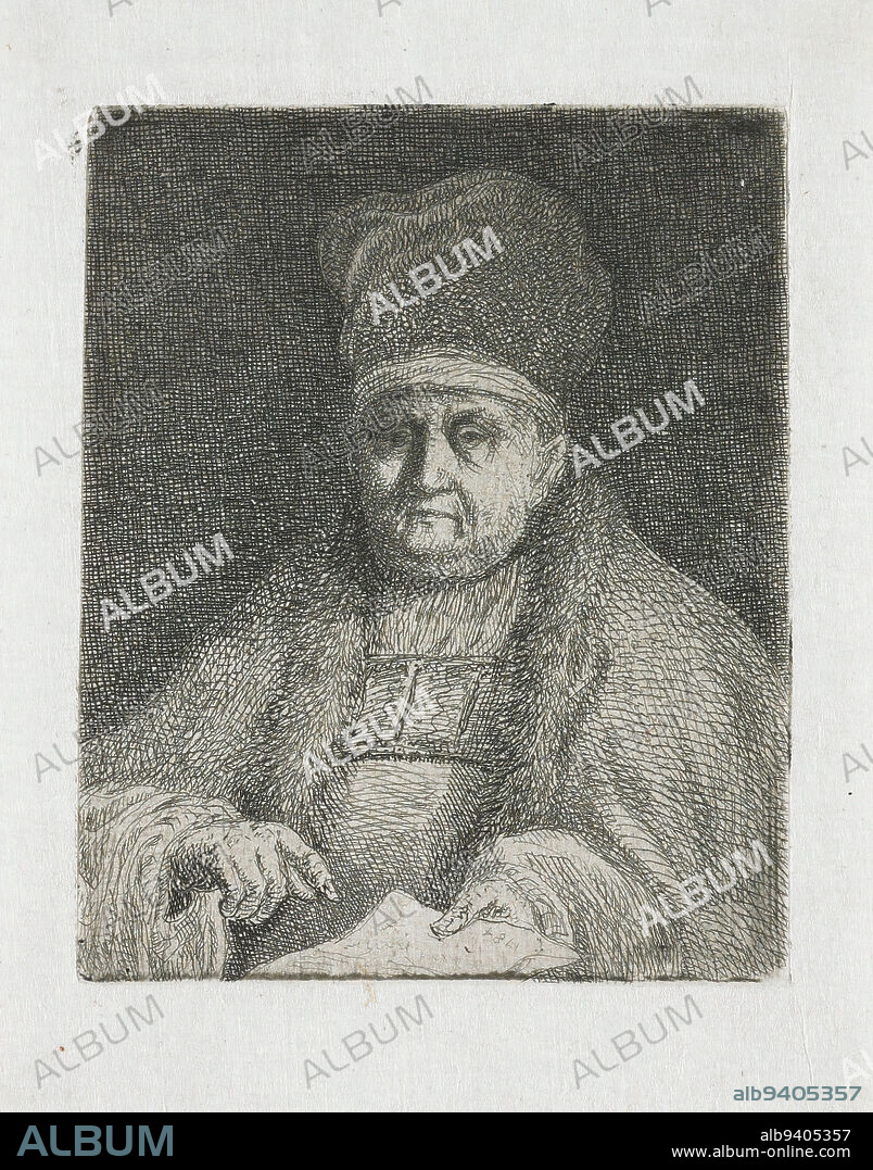 Half-Length Portrait of an Ecclesiastic Dignitary, 1784, Jean-Pierre Norblin de la Gourdaine, Polish, (born France), 17451830, 2 1/4 x 1 7/8 in. (5.7 x 4.7 cm) (image)2 15/16 x 2 3/8 in. (7.4 x 6 cm) (sheet), Etching and drypoint, Poland, 18th century, Jean-Pierre Norblin de la Gourdaine was a French painter and printmaker active in Poland in the late 18th century. Norblin's charming miniature etchings, representing mostly male heads, street sellers, and vagabonds, reflect both in subject and technique the profound influence of Rembrandt's prints. Norblin was also drawn to Polish subjects, capturing the unfamiliar, exotic world around him in his depictions of men with colossal fur hats and curled moustaches, Cossacks, and Polish historical figures.