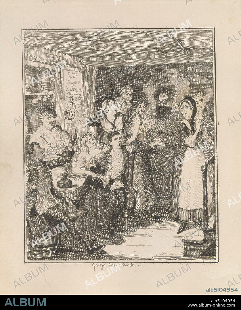Jack Sheppard Gets Drunk and Orders his Mother off, Print made by George Cruikshank, 17921878, British, 1839, Etching on moderately thick, smooth, cream wove paper with beige chine collé, Sheet: 8 1/4 x 7 1/8 inches (21 x 18.1 cm), Plate: 7 1/16 x 6 inches (18 x 15.2 cm), Sheet: 5 7/8 x 4 7/8 inches (14.9 x 12.4 cm), and Image: 4 1/2 x 3 11/16 inches (11.4 x 9.4 cm), alcohol, Chapter 14 - 'The Flash Ken', criminals, crowds, drinking, drunk, Epoch the Second: 'Thames Darrell.', food, gesturing, gin, illustration, Jack Sheppard (novel), literary theme, men, mother, novel, pointing, smoke, stairs, yelling.