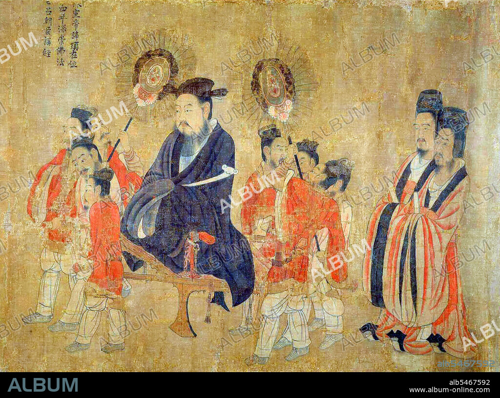 Emperor Xuan of Chen (530–582), personal name Chen Xu, courtesy name Shaoshi, nickname Shili, was an emperor of the Chinese Chen Dynasty. He seized the throne from his nephew Emperor Fei in 569 and subsequently ruled the state for 13 years. He was considered to be a capable and diligent ruler, who at one point militarily expanded at the expense of Northern Qi. After Northern Qi fell to Northern Zhou in 577, however, Chen was cornered, and soon lost the gains it had previously made against Northern Qi. Emperor Xuan died in 582, leaving the state in the hands of his incompetent son Chen Shubao, and by 589, Chen would be destroyed by Northern Zhou's successor state Sui Dynasty. Yan Liben (Wade–Giles: Yen Li-pen, c. 600-673), formally Baron Wenzhen of Boling, was a Chinese painter and government official of the early Tang Dynasty. His notable works include the Thirteen Emperors Scroll and Northern Qi Scholars Collating Classic Texts. He also painted the Portraits at Lingyan Pavilion, under Emperor Taizong of Tang, commissioned in 643 to commemorate 24 of the greatest contributors to Emperor Taizong's reign, as well as 18 portraits commemorating the 18 great scholars who served Emperor Taizong when he was the Prince of Qin. Yan's paintings included painted portraits of various Chinese emperors from the Han Dynasty (202 BC-220 AD) up until the Sui Dynasty (581-618) period.