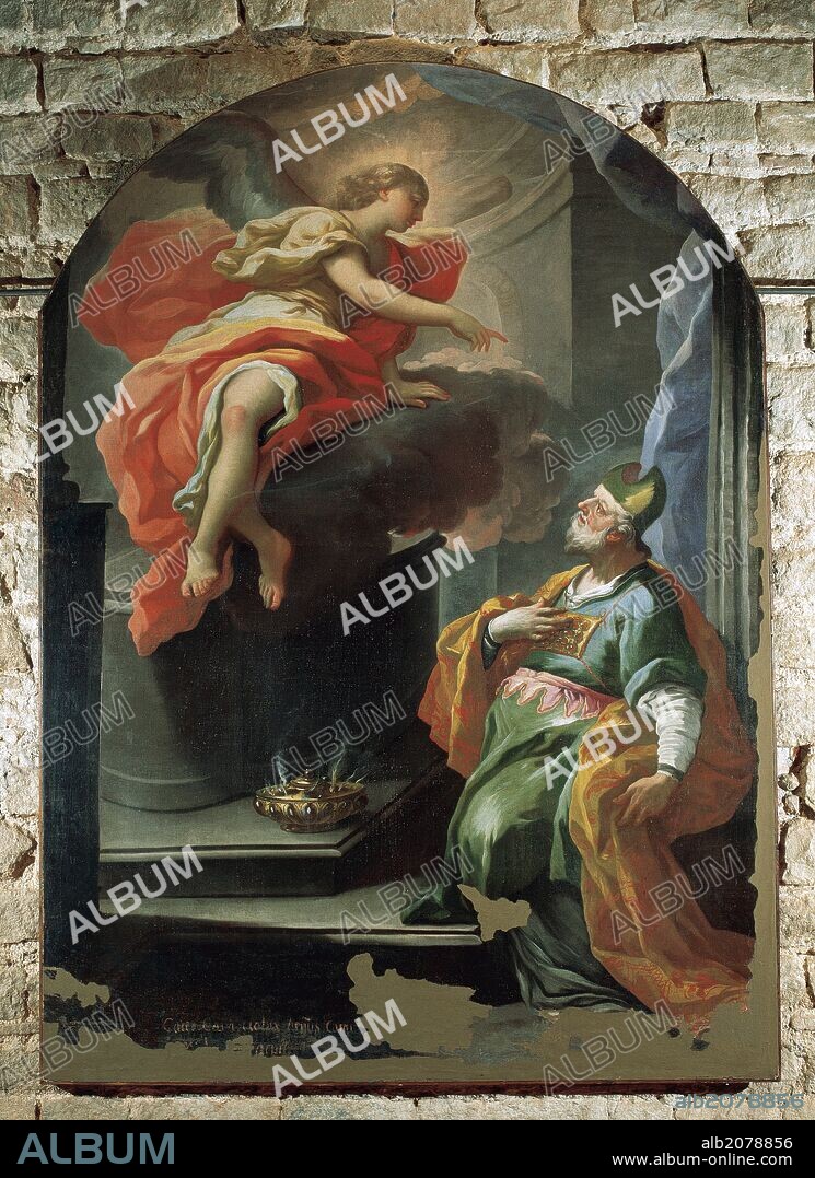 ARTE BARROCO. ITALIA. ANDREA MIGLIONICO (1663-1718). Pintor italiano. "ANUNCIACION A SAN ZACARIAS, POR EL ARCANGEL SAN GABRIEL, DEL NACIMIENTO DE SU HIJO JUAN EL BAUTISTA". Sant'Andrea de Conza. Iglesia de San Miguel.