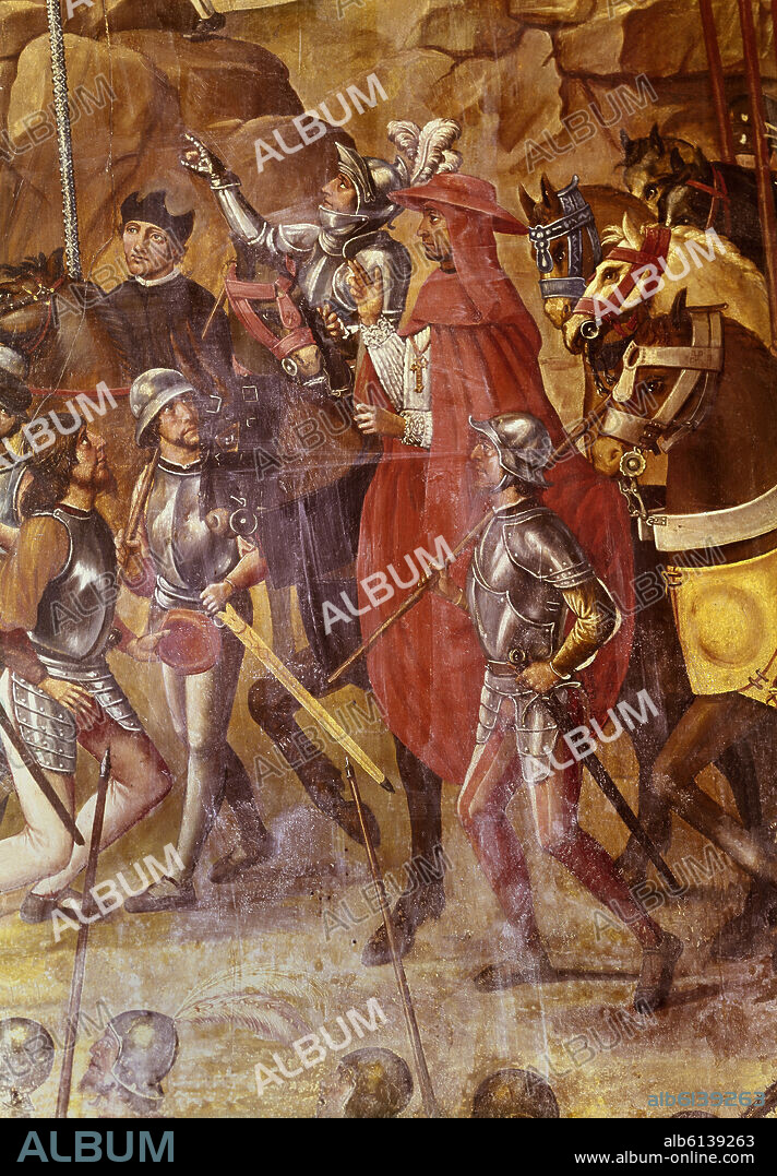 JUAN DE BORGOÑA. CAPILLA MOZARABE - LA TOMA DE ORAN (1509) - DETALLE DE LA LLEGADA DEL CARDENAL CISNEROS - SIGLO XVI - PRIMER RENACIMIENTO.