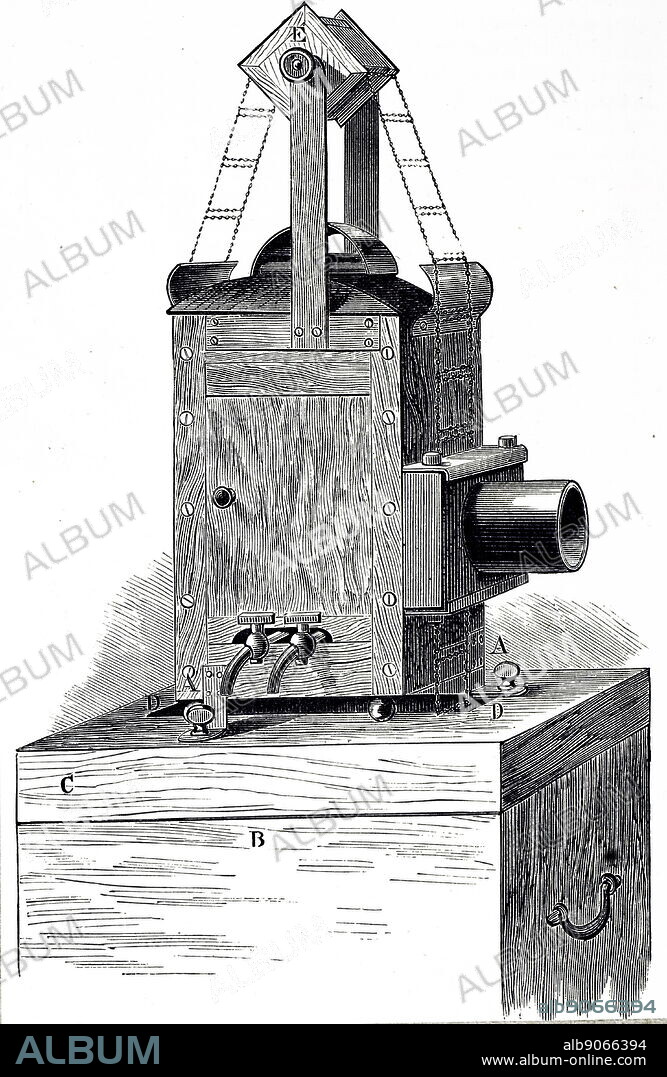 Engraving depicting John Thomson's magic lantern with continuous slide feed. John Thomson (1837-1921) a Scottish photographer, geographer, and traveller. Dated 19th century.