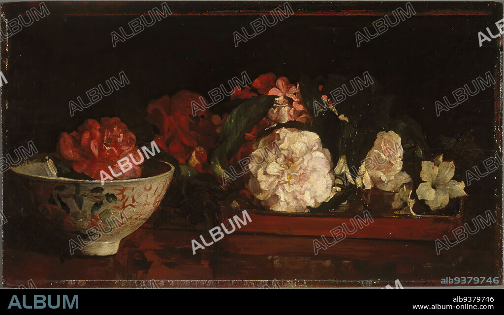 Flowers on a Japanese Tray on a Mahogany Table, John La Farge, American, 1835-1910, Oil on panel, 1879, 10 3/8 x 18 1/16 in., 26.3 x 45.8 cm, bowl, box, china, Flower, flowers, green, Japanese, Mahogany, oil, oil painting, painting, panel, precious, red, roses, still life, table, tray, white, wood.