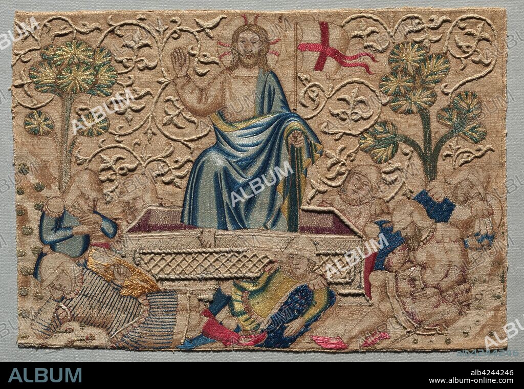 The Resurrection, from an Embroidered Altar Frontal: , 1375-1400. Italy, Florence, 14th century. Silk, gold and cotton thread, linen; raised work, embroidery: split, stem, and couching stitches; overall: 28.9 x 41.9 cm (11 3/8 x 16 1/2 in.).