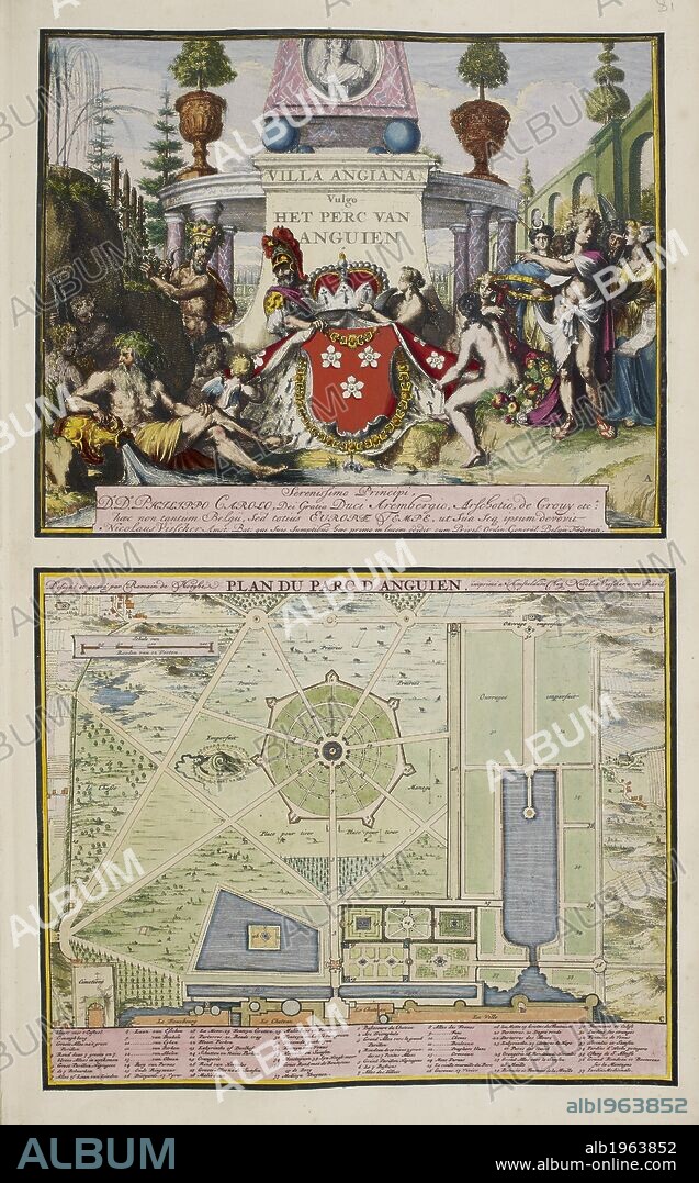 ROMEYN DE HOOGHE. Villa Angiana. A Collection of 86 plans and views of The Hague. Amsterdam, 1718. Villa Angiana, commonly known as the Park at Enghien (ca. 1685). On this title page, the arms of Enghien's owner, the Duke of Aremberg, are flanked by classical gods including Apollo and his sister Artemis, the goddess of hunting, while another goddess, wearing the wings of Hermes, the messenger, holds a garden plan. There is a satyr and a river god on the other side and beneath them a dedication to the Duke. Below there is a detailed plan of the park. The plan identifies the main features of the garden and shows how they fitted into the wider landscape. The Duke's palace (Chateau) looks out over the park at the bottom, with the old walled town (ville) to its right and the suburbs (fauxbourg) and cemetery on the other side. Image taken from: A Collection of 86 plans and views of The Hague.  Published in Amsterdam, 1718. . Source: Maps.C.9.e.9.(81). Language: Dutch.