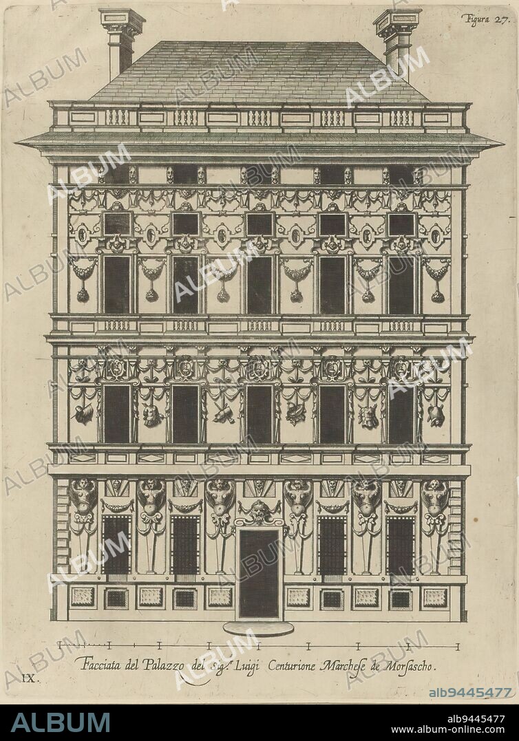 Upright view of the facade of the Palazzo Podestà in Genoa, Facciata del Palazzo del sigr. Luigi Centurione Marchese de Morsascho (title on object), This print is part of an album., print maker: Nicolaes Ryckmans, publisher: Peter Paul Rubens, Spaanse kroon, Antwerp, 1622, paper, engraving, height 273 mm × width 203 mm, height 583 mm × width 435 mm.