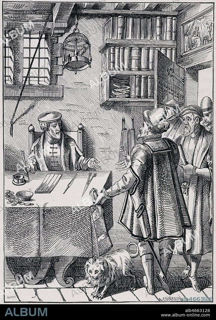 'le receveur d'impots', gravure sur bois in Praxis rerum civilium, 1520, in Moeurs et Usages au Moyen Age et a la Renaissance par LACROIX, 1877. Credit : Collection KHARBINE-TAPABOR.