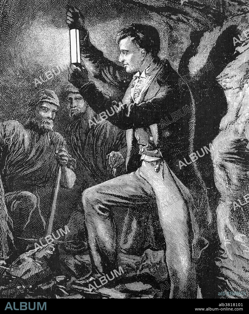 Davy demonstrating this lamp to coal miners. Humphry Davy (December 17, 1778 - May 29, 1829) was an English chemist and inventor. In 1798, he joined the Pneumatic Institution which had been established for the purpose of investigating the medical powers of factitious airs and gases. In 1801 he was engaged as lecturer at the new formed Royal Institution and gave his first lecture on Galvanism. His lectures included spectacular and sometimes dangerous chemical demonstrations and the young and handsome chemist soon acquired a huge female following. He was a pioneer in the field of electrolysis using the voltaic pile to split up common compounds and thus prepare many new elements. He discovered several new metals, especially sodium and potassium, highly reactive elements known as the alkali metals. He worked with electrolysis throughout his life and also discovered calcium, magnesium, boron and barium. In 1815 he invented the Davy lamp, a safety lamp consisting of a wick lamp with the flame enclosed inside a mesh screen, or use in coal mines, to reduce the danger of explosions due to the presence of methane and other flammable gases. He damaged his eyesight in a laboratory accident with nitrogen trichloride and hired Michael Faraday as a coworkert. Davy is supposed to have claimed Faraday was his greatest discovery. He died in 1829 at the age of 50 of heart disease inherited from his father's side of the family.