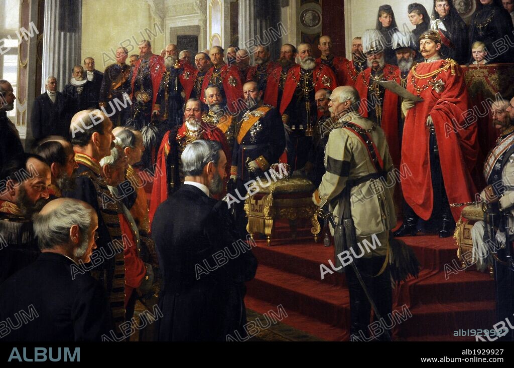 ARTE. S. XIX. ALEMANIA. ANTON VON WERNER (1843-1915). Pintor alemán. "LA APERTURA o INAGURACION DEL REICHSTAG ALEMAN (PARLAMENTO) EN EL SALON BLANCO DEL PALACIO DE BERLIN, POR EL KAISER GUILLERMO II, 25 JUNIO DE 1888" Guillermo II se ve leyendo un discurso, posteriormente a su coronación. Vestido de blanco, el canciller del Reich, OTTO VON BISMARCK. Museo Histórico Alemán (Deutsches Historisches Museum). Berlín. Alemania. Europa. Pieza cedida.