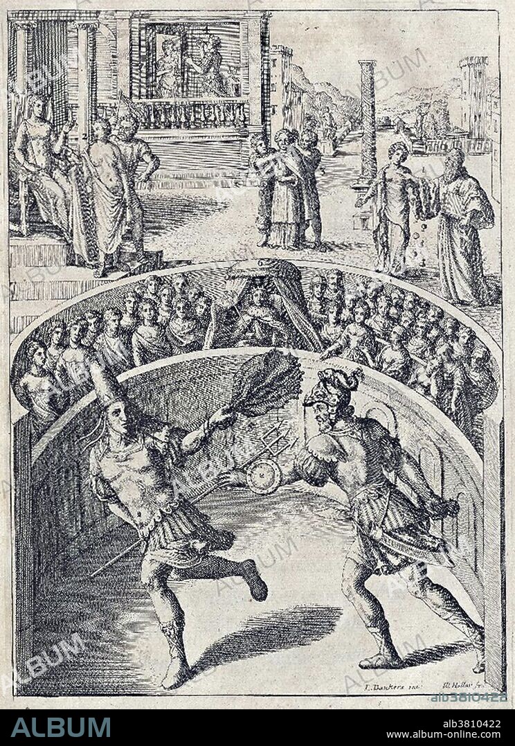 Captioned: "Mores hominum. The manners of men, described in sixteen satires, or, a survey of the manners and actions of mankind by Juvenal: as he is published in his most authentic copy, lately printed by command of the King of France. Plates engraved by Wenceslaus Hollar and published in 1660." This image accompanies: Satire II: Hypocrites Are Intolerable. Decimus Junius Juvenalis, known in English as Juvenal, was a Roman poet active in the late 1st and early 2nd century AD, author of the Satires. Juvenal wrote at least 16 poems in dactylic hexameter covering an encyclopedic range of topics across the Roman world. While the Satires are a vital source for the study of ancient Rome from a vast number of perspectives, their hyperbolic, comic mode of expression makes the use of statements found within them as simple fact problematic. Juvenal criticizes the actions and beliefs of many of his contemporaries, providing insight more into value systems and questions of morality and less into the realities of Roman life. The author makes constant allusion to history and myth as a source of object lessons or exemplars of particular vices and virtues.