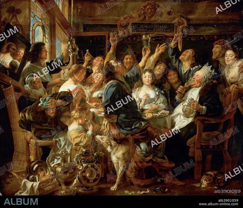 JACOB JORDAENS. The Feast of the Bean King. Date/Period: 1640 - 1645. Painting. Oil on canvas. Height: 2,420 mm (95.27 in); Width: 3,000 mm (118.11 in).