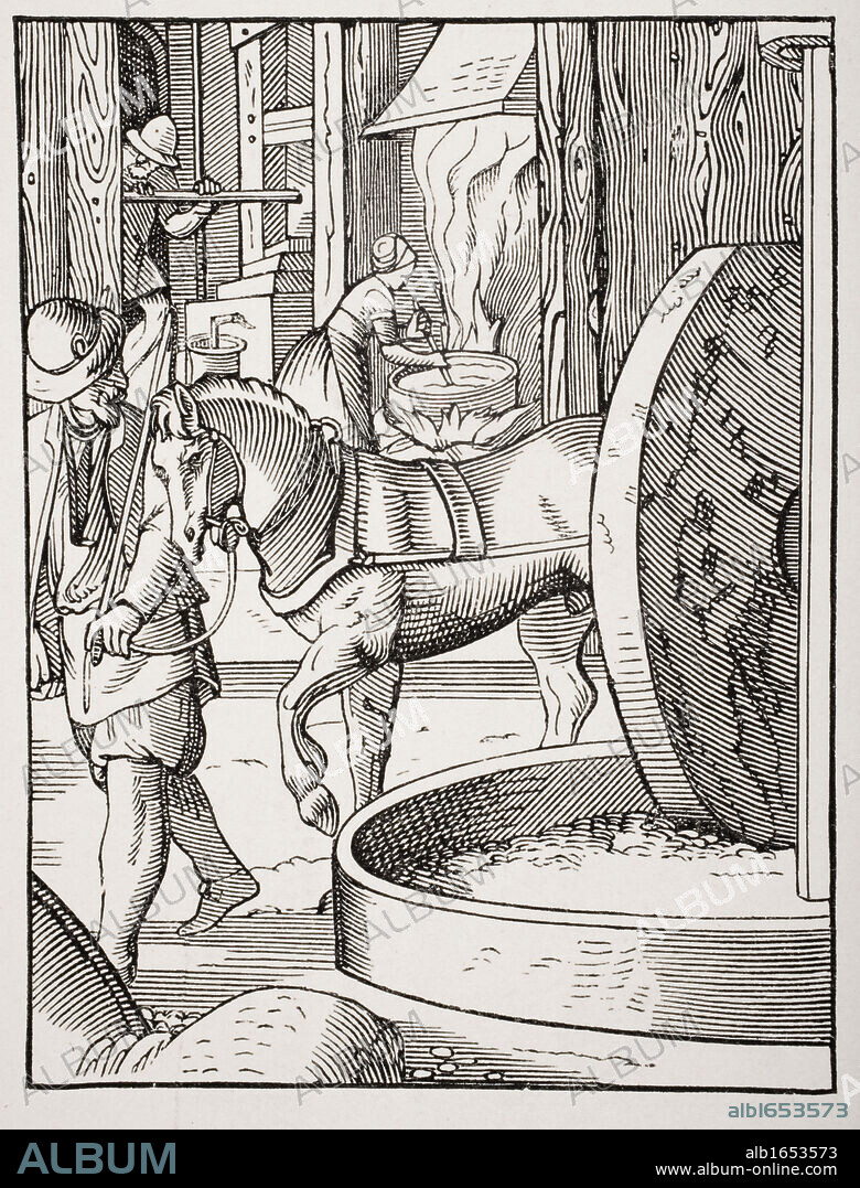The manufacture of oil. 19th century copy of work drawn and engraved by Jost Amman in 16th century.