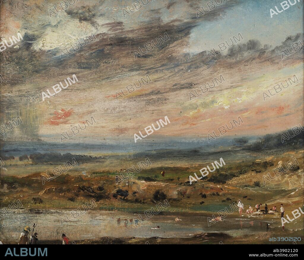 JOHN CONSTABLE. Hampstead Heath, with Pond and Bathers. Date/Period: 1821. Painting. Oil on millboard mounted on canvas. Height: 24.1 cm (9.4 in); Width: 29.2 cm (11.4 in).