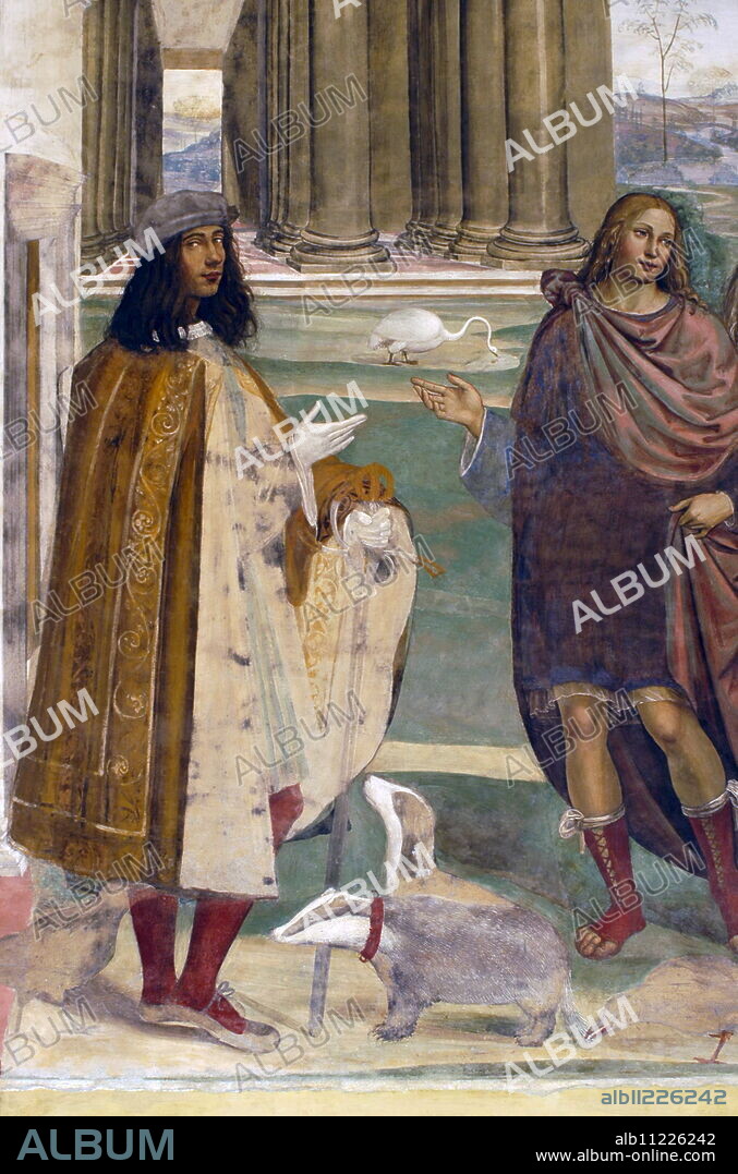 Frescoes in cloister by High Renaissance painter Il Sodoma (Giovanni Antonio Bazzi) painted between 1505 and 1508, of the life of St. Benedict (San Benedetto), self portrait of the artist posing with his badgers, Monte Oliveto Maggiore Abbey, Tuscany, Italy, Europe.