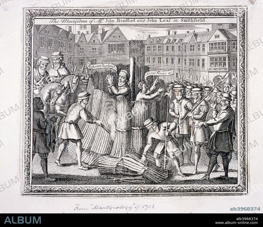 The execution of John Bradford and John Leaf at Smithfield, 1555, (c1713).  The execution took place during the Protestants' persecution in the reign of Mary I.