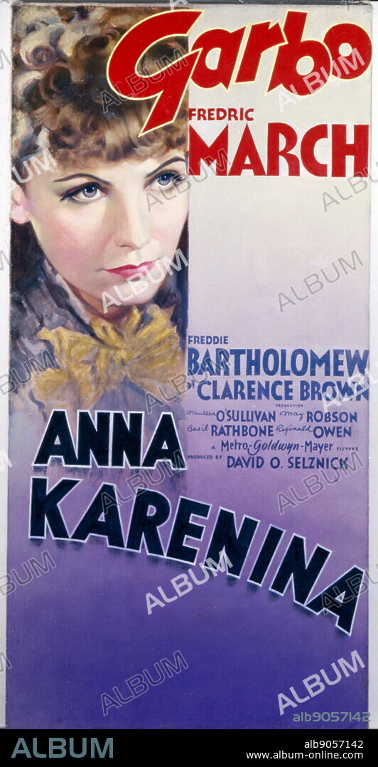 Film poster for 'Anna Karenina' a 1935 Metro-Goldwyn-Mayer film adaptation of the 1877 novel Anna Karenina by Leo Tolstoy and directed by Clarence Brown. The film stars Greta Garbo, Fredric March, Basil Rathbone, and Maureen O'Sullivan.