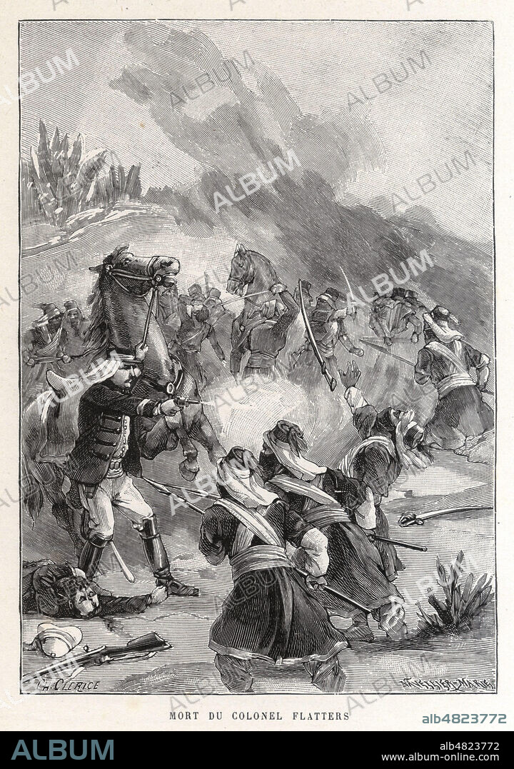 Mort du colonel Paul FLATTERS (1832-1881) dans le Sahara. Illustration vers 1880 par Jules FERAT (ne en 1819) pour la 'Nouvelle histoire des voyages' de Richard CORTAMBERT (1836-1884). Credit : Collection KHARBINE-TAPABOR.