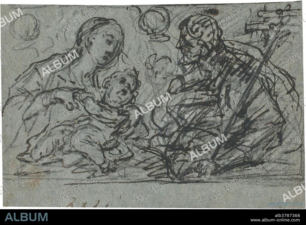 ANÓNIMO. Anónimo / 'La Sagrada Familia'. Hacia 1670. Lápiz negro, Pluma, Repasado a tinta sobre papel agrisado, 91 x 132 mm.