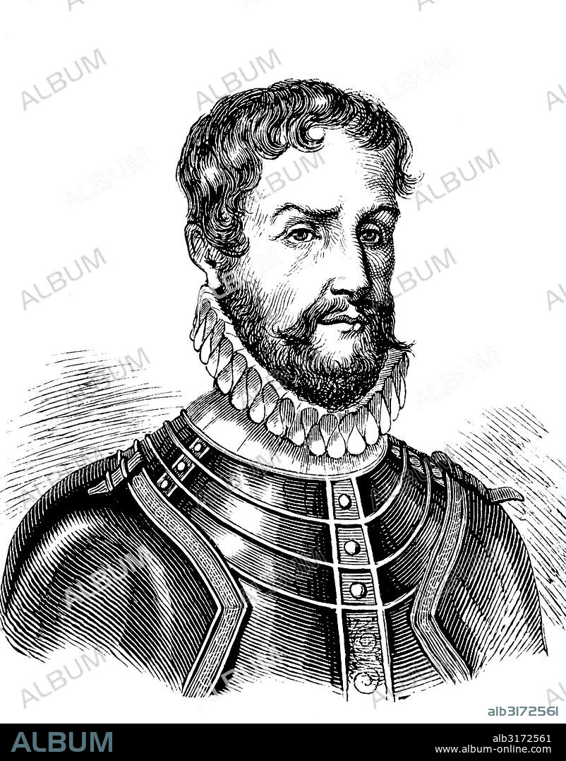 Pontus de la gardie, baron of ekholmen, 1520 - 1585, a swedish army commander and governor of livonia, historic wood engraving, about 1888.
