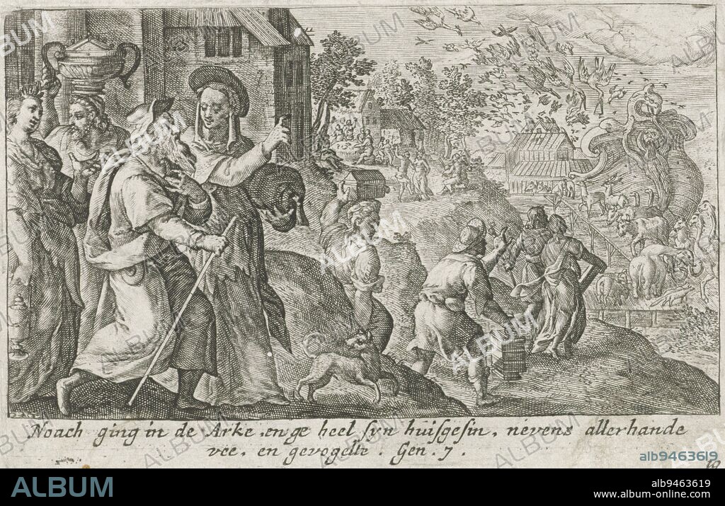 Noah boards the ark with his family and the animals, Crispijn van de Passe (I), 1700 - 1750, A procession of animals enters the ark, a pair of each species. Above the ark a swarm of birds. In front left, Noah and his family. In the margin a two-line caption in Dutch., print maker: Crispijn van de Passe (I), publisher: Isaac Greve, print maker: Utrecht, publisher: Amsterdam, 1700 - 1750, paper, engraving, h 82 mm × w 125 mm.