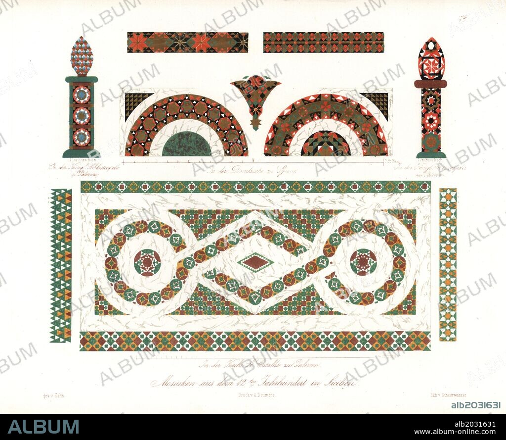 Mosaics from Sicily, Italy, from the second century. Floor mosaic from the cathedral of Syracuse (center top), floor mosaic from the church of Saint-Cataldo, Palermo (bottom), and wall mosaics from the chapel in the castle of the King of Palermo. Handcoloured lithograph by Scheurwasser from an illustration by Wilhelm Zahn in his own "Ornamente aller klassischen Kunst-Epochen nach den Originalen in ihren eigenthumlichen Farben dargestellt" (Ornaments of all classical art epochs after the originals and depicted in their proper colours.), Dietrich Reimer, Berlin, 1870. It includes interior decorations by Giulio Romano in the Palazzo del Te, Mantua, medieval mosaics in Sicily, and Roman wall paintings from Pompeii and Herculaneum. Wilhelm Zahn (1800-1871) was a German artist, architect and academic who traveled around Europe documenting classical and Renaissance architecture.