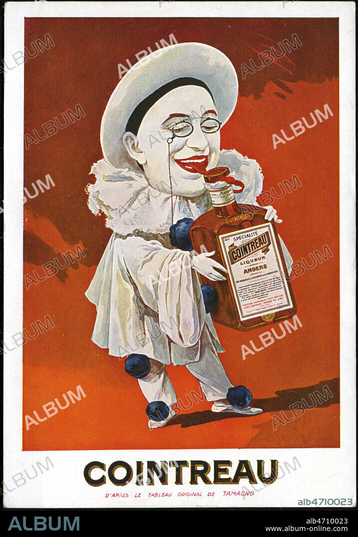 Cointreau. (Pierrot leche le goulot de la bouteille). Illustration de Francisco Nicolas TAMAGNO (1851-1933) pour une carte postale publicitaire vers 1920. Credit : Collection Grob/KHARBINE-TAPABOR.