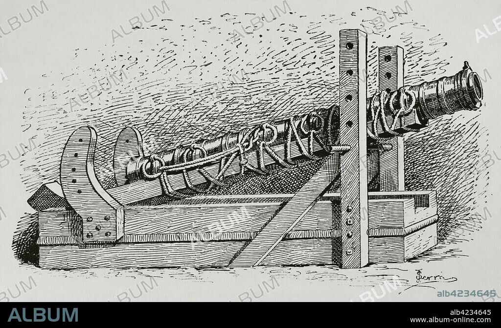 Bombard. Cannon used throughout the Middle Ages an the Early Modern Period. Engraving by Serra. Museo Militar, 1883.