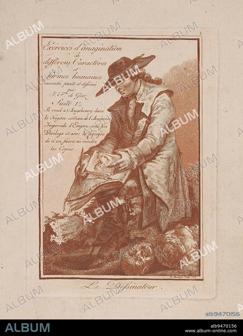 Draughtsman, Le Dessinateur (title on object), Human figures (series title), Exércices d'imagination de differens Caractéres et formes humaines (...) Suite 1 (series title on object), A draughtsman, dressed in overcoat, boots and flat hat with wide brim, sitting on a tree stump, drawing in a sketchbook, in his left hand a drawing of a girl's head. On the sketchbook the text ' L' amour maitre de tous les arts'. In front of him on the ground an antique head and a male head with grimace., print maker: Robert Brichet, (mentioned on object), after drawing by: Joseph Franz Freiherr von Goez, (mentioned on object), publisher: Kaiserlich Franziskische Akademie, (mentioned on object), Augsburg, 1783, paper, etching, height 222 mm × width 157 mm.