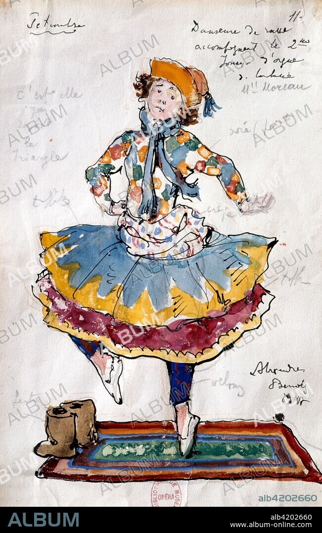 ALEXANDRE BENOIS. Costume design by Benois, for the Russian Ballet 'Petrushka' 1910–11. The Ballet was composed by Igor Stravinsky. Michel Fokine choreographed the ballet; Benois designed the sets and costumes. Petrushka was first performed by Sergei Diaghilev's Ballets Russes at the Theatre du Chatelet in Paris on 13 June 1911. Alexandre Nikolayevich Benois (1870 –  1960) was a Russian artist, art critic, historian, preservationist, and founding member of Mir iskusstva (World of Art), an art movement and magazine.