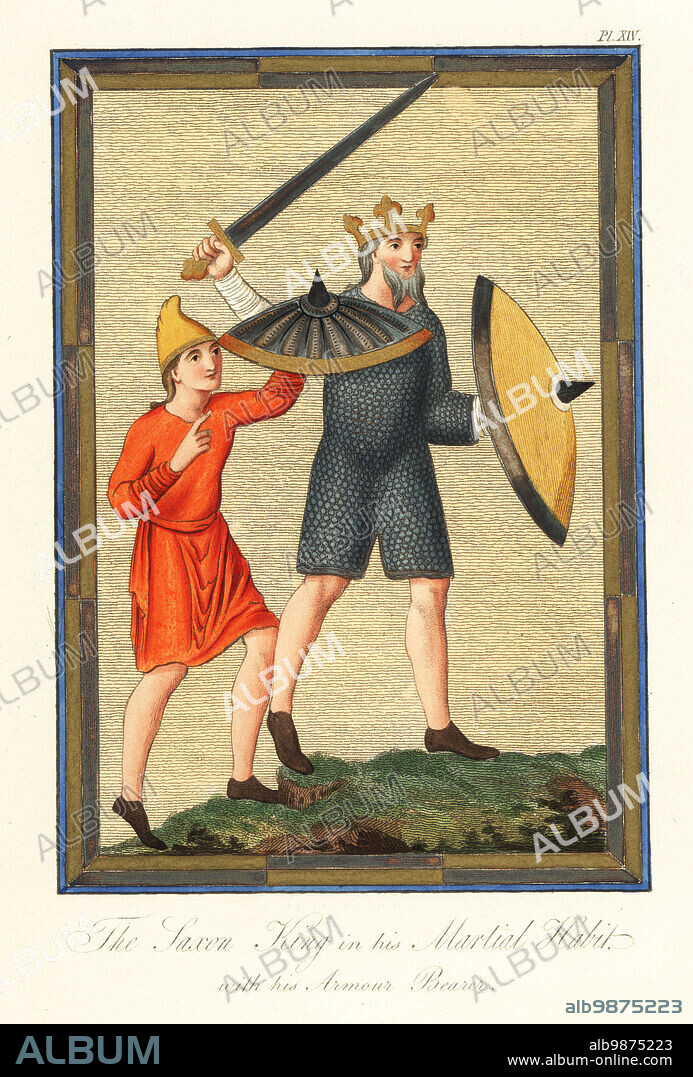 Saxon king in his martial habit with his armour bearer. King in battle wearing a crown, knee-length chain-mail tunic or lorica, a suit of armour reserved for royalty in the 8th century. He carries a yellow shield and brandishes a sword above his head. Identified as Pepin II, the Younger, King of Aquitaine, 823c.864. His equerry wears a yellow Phrygian cap and scarlet tunica, and carries a shield rimmed with gold. From Old English Hexateuch, Cotton MS Claudius B iv., f.24v. Handcoloured engraving by Joseph Strutt from his Complete View of the Dress and Habits of the People of England, Henry Bohn, London, 1842.