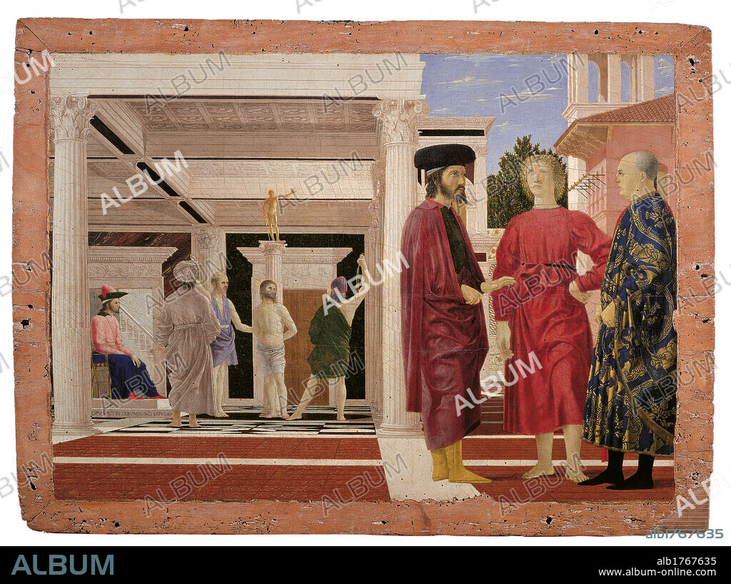 The Flagellation of Christ, by Pietro di Benedetto dei Franceschi known as Piero della Francesca, 1453-1460 about, 15th Century, tempera and oil on poplar panel, cm 67,5 x 91painted surface 58,3 x 81,5 cm. Italy, Marche, Pesaro Urbino, Urbino, Marche National Gallery. All. Two simultaneous episodes Renaissance architecture view urban loggia trabeation sovereign clothing column of the Flogging Flagellation of Christ executioners whip statue of Sole Oddantonio di Montefeltro perspective. Authorization required for non editorial use.