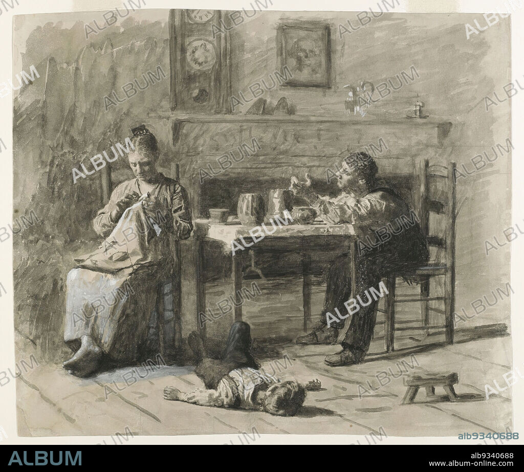 Thar's Such A Thing As Calls in This World,' illustration for 'Mr. Neelus Peeler's Conditions', Thomas Eakins, American, 1844-1916, Black ink with opaque white highlights on cream, medium-weight, smooth wove paper, 1879, Sheet: 10 7/16 x 12 1/4 in., 26.5 x 31.1 cm, 1879, American, boredom, conversation, domestic, drawing, family, fine lines, hearth, interior, mantle, people, plea, sewing, table.