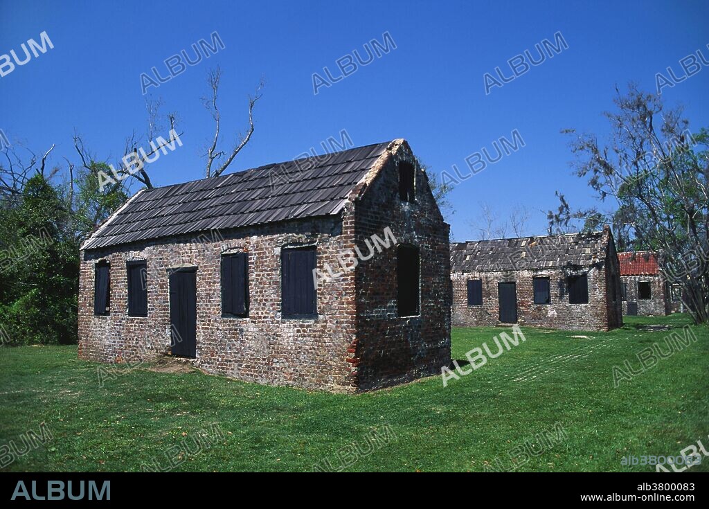Old slave quarters at the Boone Hall Plantation and Gardens, an antebellum plantation in Mount Pleasant, South Carolina.