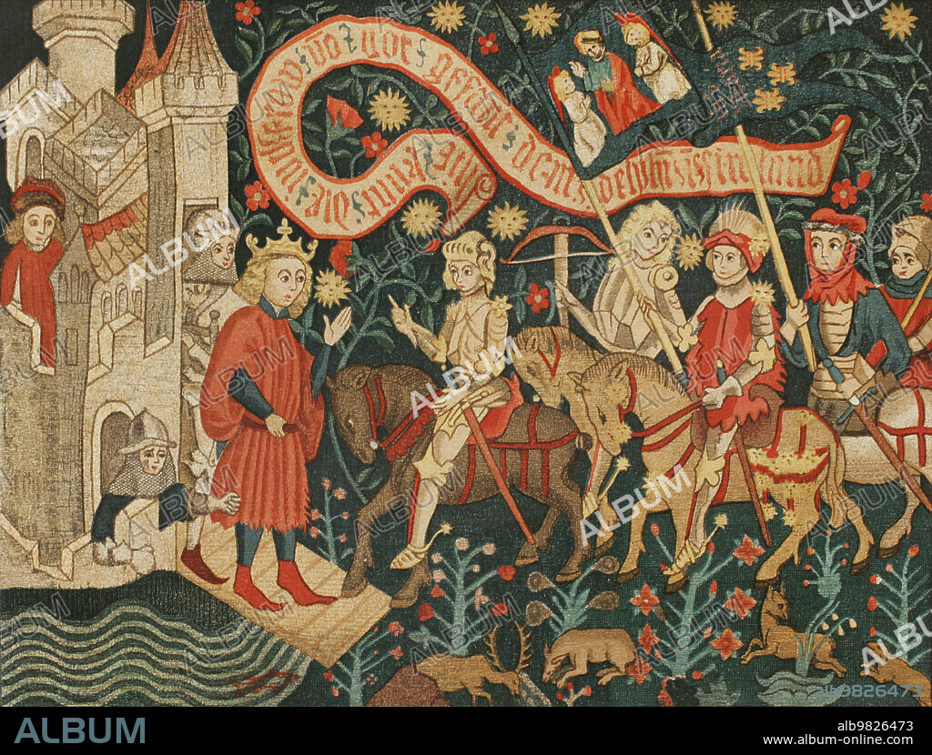 Joan of Arc (1412-1431) went to Chinon for an audience with the Dauphin of France, the future Charles VII. Charles received Joan of Arc on 6 March 1429. Arrival of Joan of Arc at the Castle of Chinon. Chromolithography from a German tapestry of the time. "Vie Militaire et Religieuse au Moyen Age et à l' Epoque de la Renaissance". Paris, 1877.