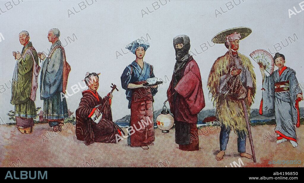 Clothing, fashion in Japan, monks and musicians, from the left, two Buddhist monks, a musician with the three-string Sam-Sim, a young servant, a Japanese woman in urban winter clothes, a fisherman in a straw coat and bamboo hat and a lady with fan, digital improved reproduction from an original from the year 1900.