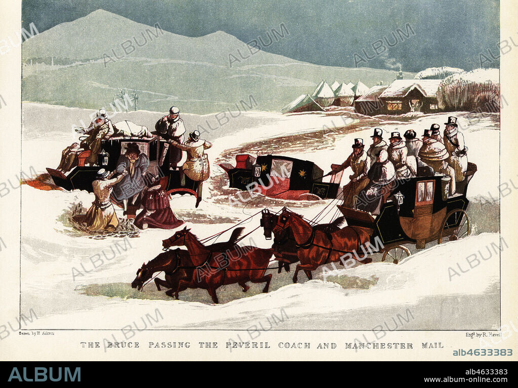 Four-horse coach with passengers on top driving past two other carriages stuck in the snow. The Bruce passing the Peveril and Manchester mail coaches, 1837. Color print after an engraving by R. Havell from an illustration by Henry Alken in Ralph Nevills Old Sporting Prints, The Connoisseur Magazine, London, 1908.