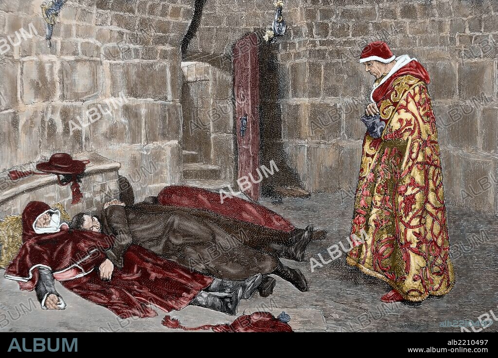 CHARLES BAUDE. CLEMENTE V (1264-1314). Papa número 195 de la Iglesia Católica de 1305 a 1314. Fué el primer Papa que residió en Aviñón. Grabado por Ch. Baude. "La Ilustración Artística", año 1884. Coloreado.