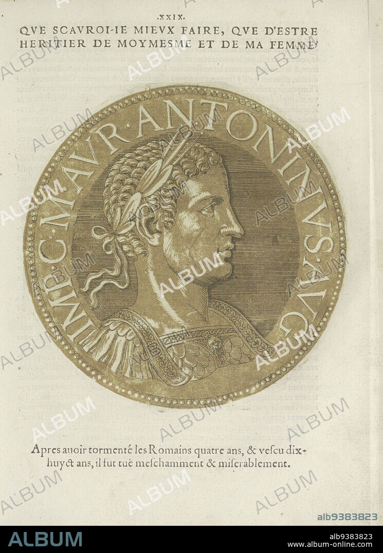Portrait of Emperor Elagabalus, Les images presque de tous les empereurs (series title), Portrait of Emperor Elagabalus, on a coin, with edge lettering. The print is part of a book on the emperors from Julius Caesar to Charles V and his brother Ferdinand., Joos Gietleughen, print maker: Hubert Goltzius, Antwerp, 1557 and/or 1559, paper, etching, letterpress printing, height 179 mm × width 179 mm.