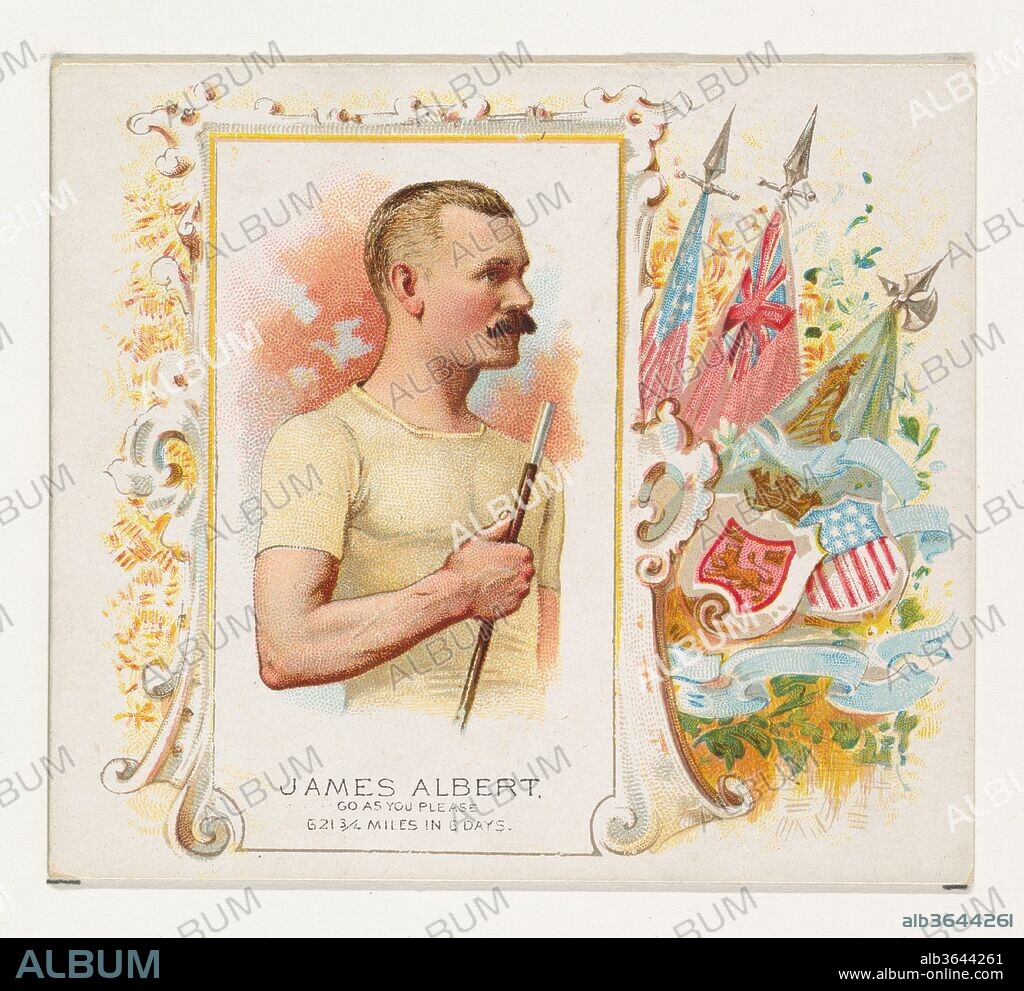 James Albert, Go As You Please, from World's Champions, Second Series (N43) for Allen & Ginter Cigarettes. Dimensions: Sheet: 2 15/16 x 3 1/4 in. (7.4 x 8.3 cm). Lithographer: Lindner, Eddy & Claus (American, New York). Publisher: Allen & Ginter (American, Richmond, Virginia). Date: 1888.
Trade cards from "World's Champions," Second Series (N43), issued in 1888 in a set of 50 cards to promote Allen & Ginter brand cigarettes.
