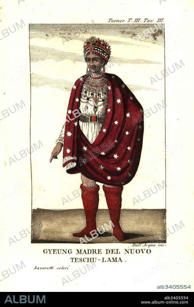Gyeung, mother of the new Teshoo Lama or Panchen Lama, Palden Tenpai Nyima. Illustration by Lieutenant Samuel Davis from Captain Samuel Turner’s Account of an Embassy to the Court of the Teshoo Lama in Tibet, 1800. Copperplate engraving by Dell'Acqua handcoloured by Lazaretti from Giovanni Battista Sonzogno’s Collection of the Most Interesting Voyages (Raccolta de Viaggi Piu Interessanti), Milan, 1815-1817.