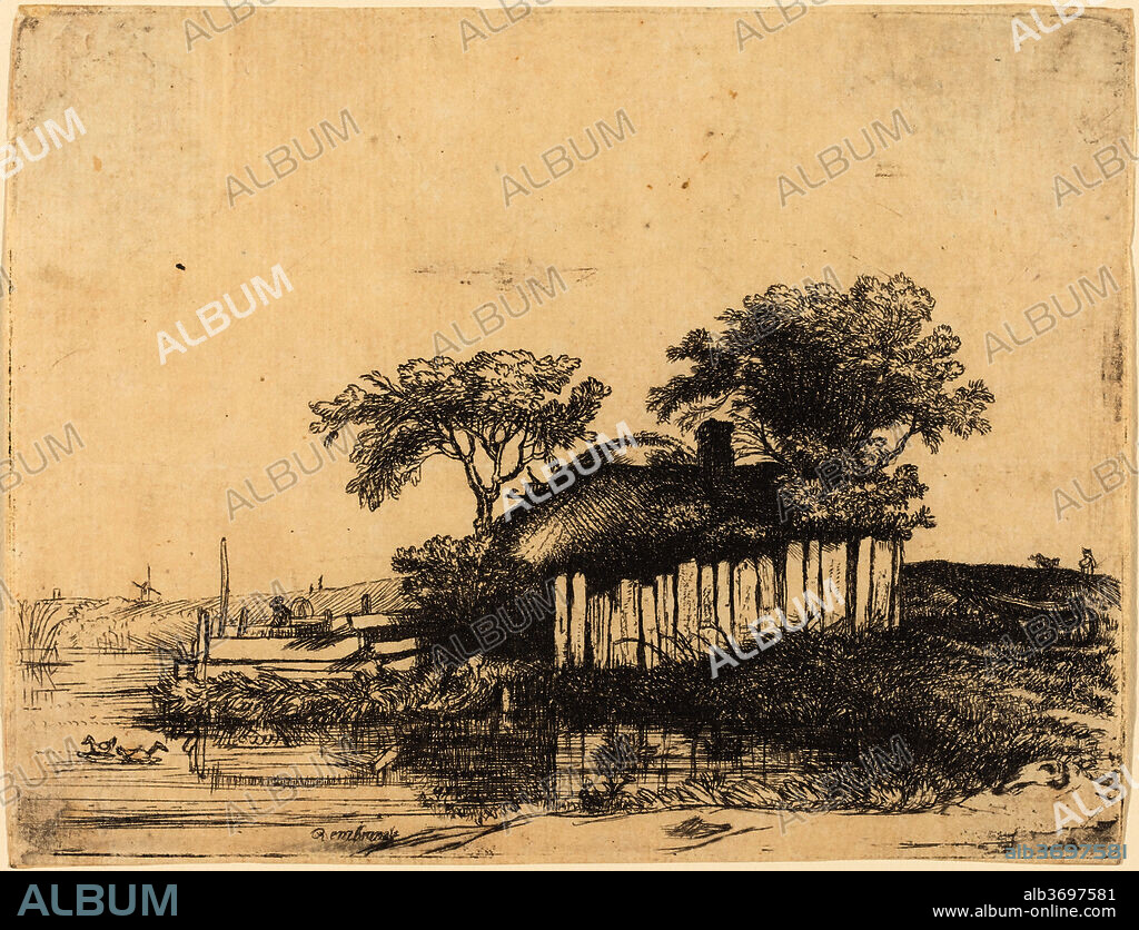 WILLIAM BYRON AFTER REMBRANDT VAN RIJN. Cottage with White Paling. Dimensions: plate: 11.8 x 15.4 cm (4 5/8 x 6 1/16 in.)  sheet: 12.1 x 15.6 cm (4 3/4 x 6 1/8 in.). Medium: etching on laid paper.