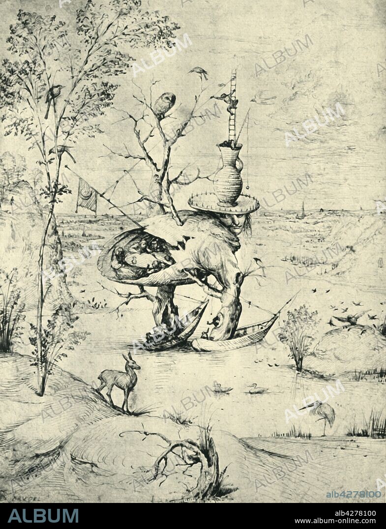 HIERONYMUS BOSCH. 'The Tree-Man', c1505, (1943). Fantasy scene, sketch for 'The Garden of Earthly Delights'. People sit at a table inside a hollow half-man half-tree. Drawing in the Albertina Museum, Vienna. From "Europäische Handzeichnungen", (Five Hundred Years of European Drawings), by Bernhard Degenhart. [Atlantis-Verlag Berlin, Zürich, 1943].