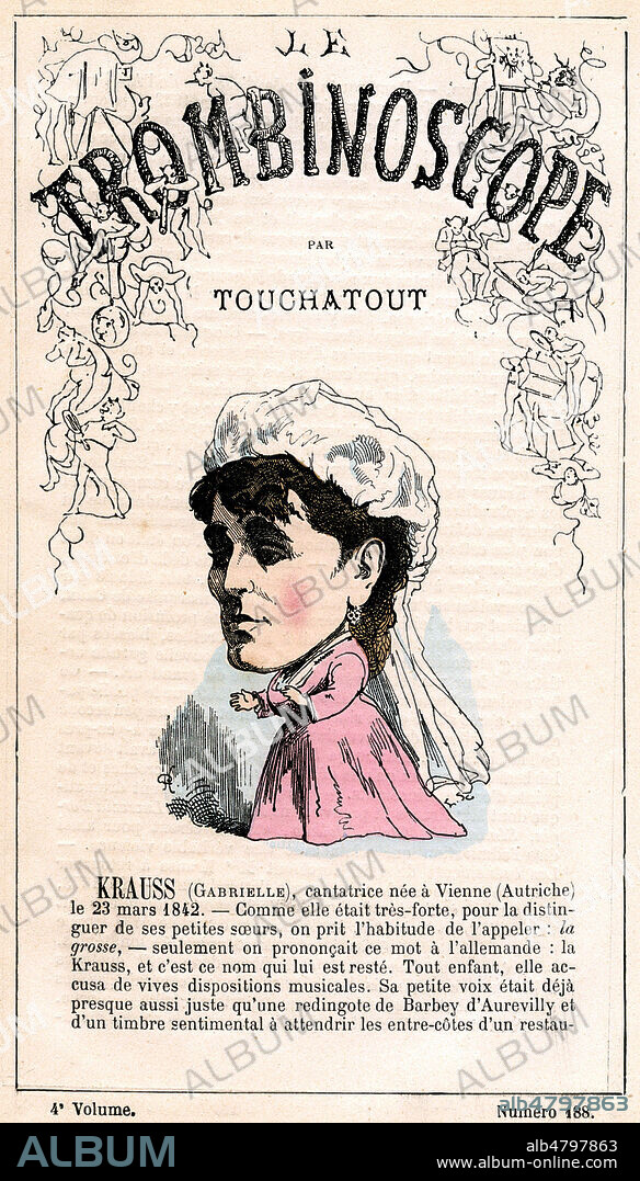 Gabrielle KRAUSS (1842-1906). Caricature anonyme pour le Trombinoscope n°188 vers 1875. Credit : Collection KHARBINE-TAPABOR.