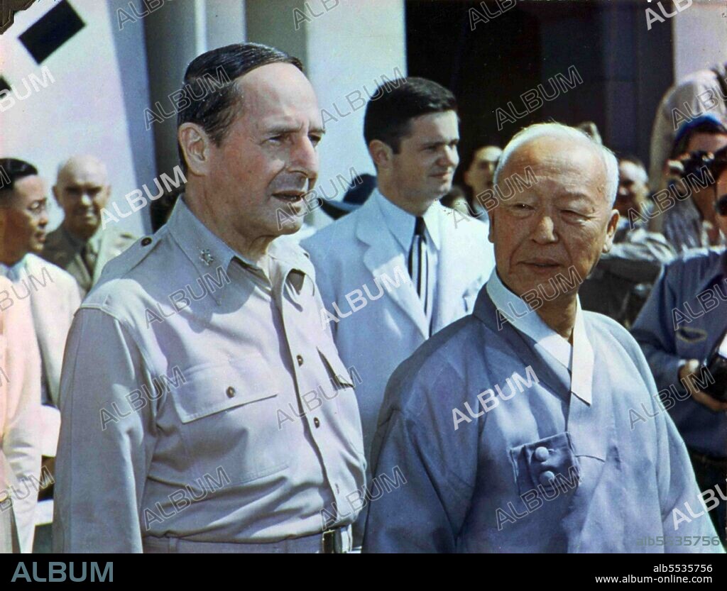 Syngman Rhee and General Douglas MacArthur, 1948. Syngman Rhee (1875 – 1965) South Korean politician who served as the first President of South Korea from 1948 to 1960. Rhee was also the first and last president of the Provisional Government of the Republic of Korea from 1919 to his impeachment in 1925 and from 1947 to 1948. Douglas MacArthur (26 January 1880 – 5 April 1964) was an American military leader who served as General of the Army for the United States, as well as a Field Marshal to the Philippine Army.