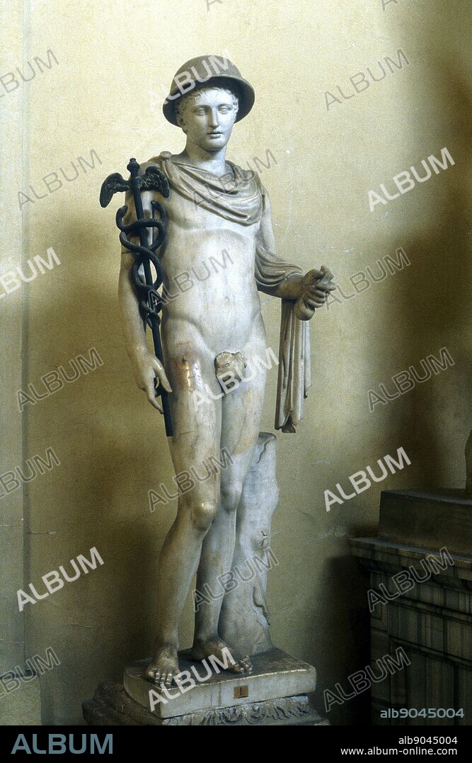 Hermes, Greek god (Mercury in Roman pantheon) messenger of the gods, god of roads and travellers, holding his caduceus or herald's staff. Marble statue.